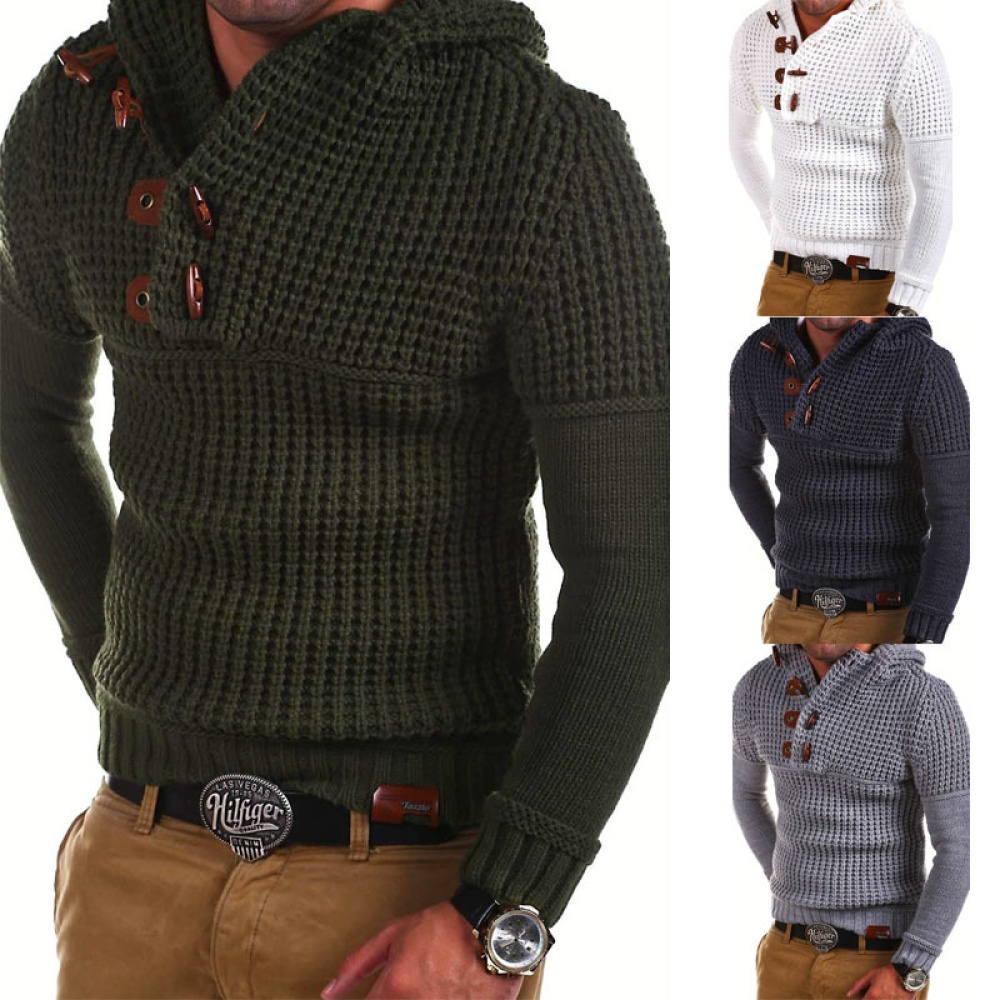 Men's Autumn Casual Long Sleeve Slim Solid Color V-neck Bottoming Shirt Sweater Horn Button Top Army Green_L - Image 3