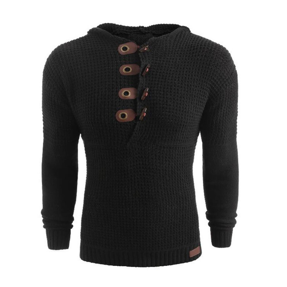 Men's Autumn Casual Long Sleeve Slim Solid Color V-neck Bottoming Shirt Sweater Horn Button Top black_XL - Image 3