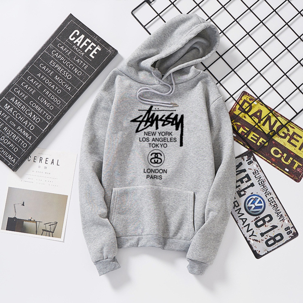 Men Women Couples Cool Stylish Letter Printing Long Sleeve Casual Sports Fleece Hooded Sweatshirts gray_L