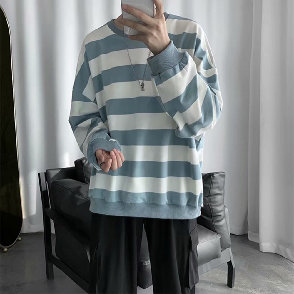 Men Women Sweatshirt Crew Neck Combined Color Stripe Loose Long Sleeve T-shirt Pullover Tops Light grey_M - Image 3