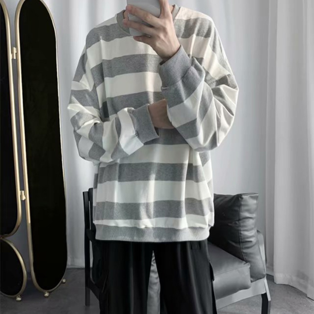 Men Women Sweatshirt Crew Neck Combined Color Stripe Loose Long Sleeve T-shirt Pullover Tops Light grey_M - Image 2