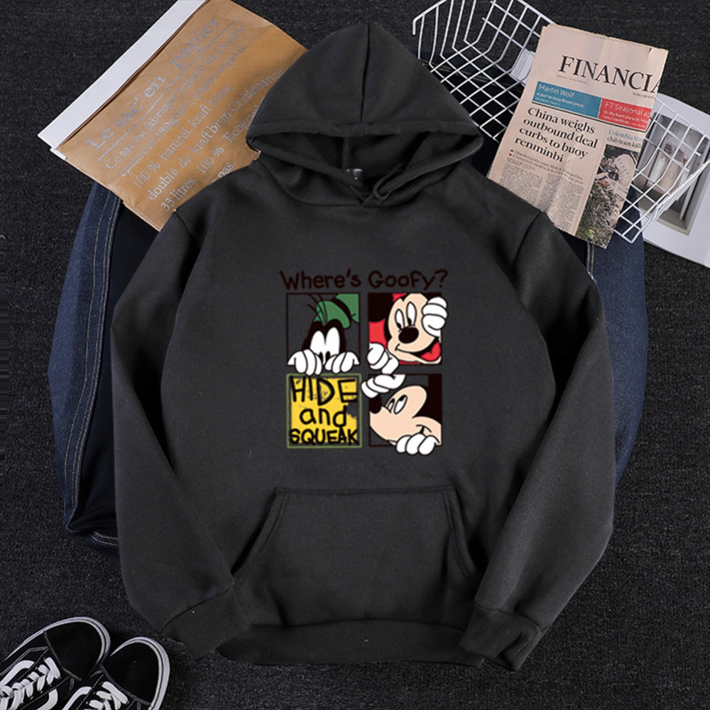 Men Women Cartoon Hoodie Sweatshirt Micky Mouse Thicken Autumn Winter Loose Pullover Black_XXXL