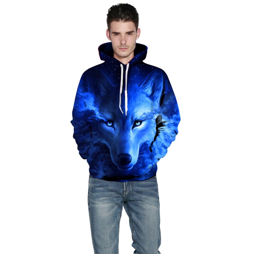 Men Women 3D Blue Wolf Digital Printing Hooded Sweatshirt wolf_M - Image 3