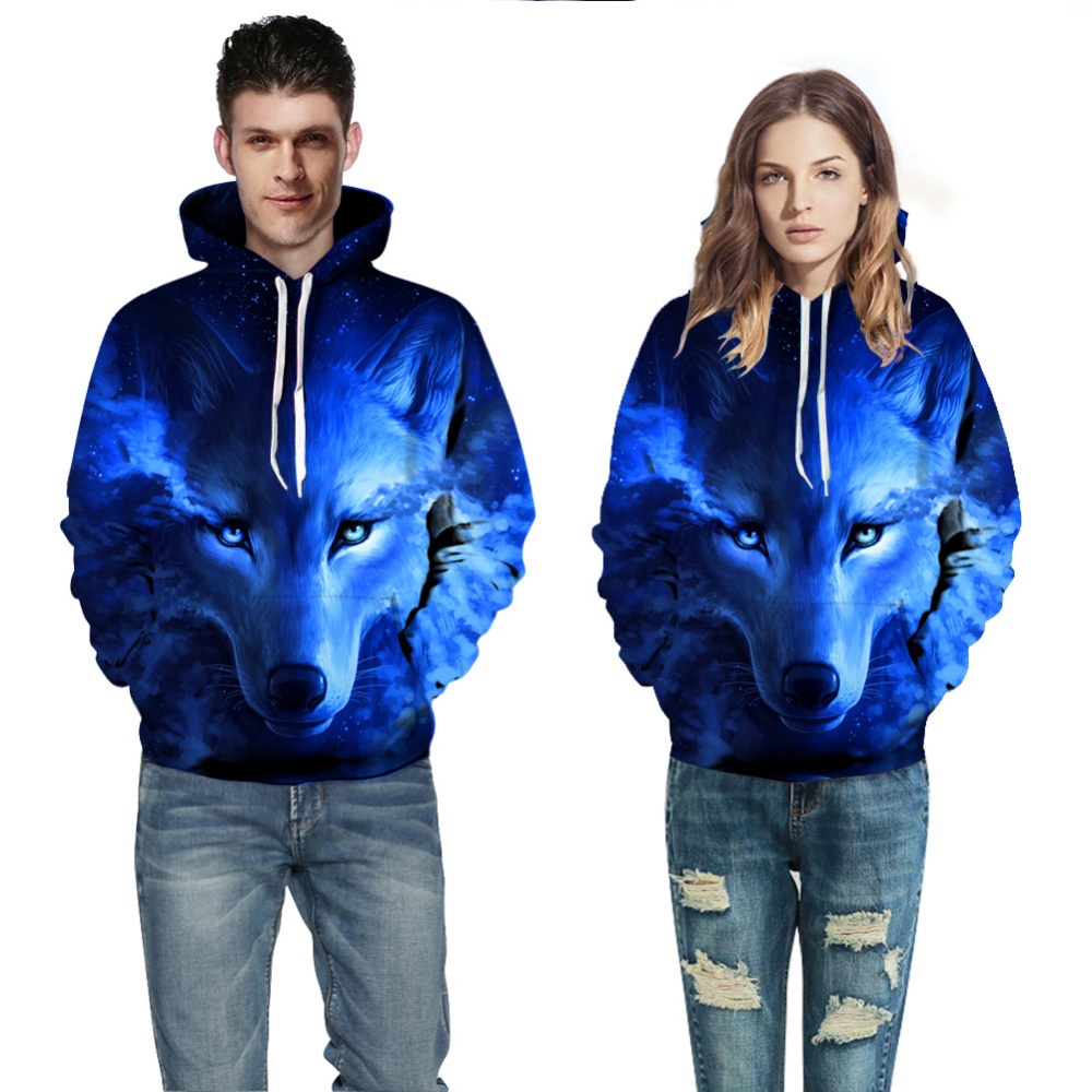 Men Women 3D Blue Wolf Digital Printing Hooded Sweatshirt wolf_M - Image 2