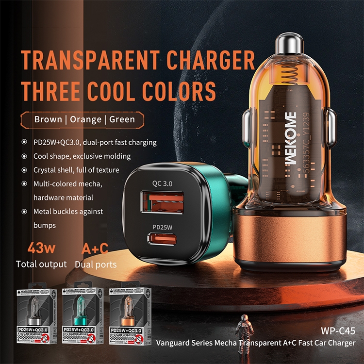 WK WP-C45 Vanguard Series Mecha Transparent USB+Type-C Fast Car Charger (Green) - Image 3