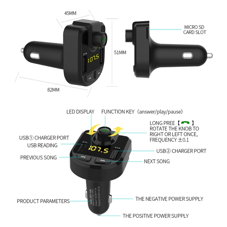 Bluetooth FM Transmitter Wireless In-Car Radio Adapter Music Player Hands-Free Calling Car Kit, Dual USB Charger, Support Bluetooth / Micro SD Card / TF Card / USB Disk - Image 2