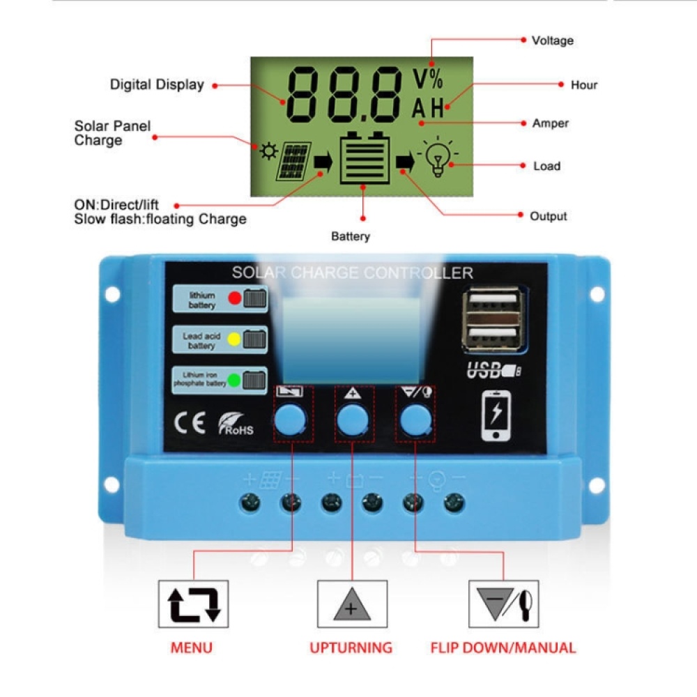 30A Solar Charge Controller 12V / 24V Lithium Lead-Acid Battery Charge Discharge PV Controller, with Indicator Light - Image 2