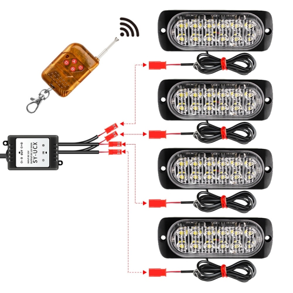 DC12V-24V / 18W 4 in 1 Front Grille Emergency Strobe Flash Warning Light Pickup 12LEDs Side Light Wireless Control 16 Modes (Red Light) - Image 2