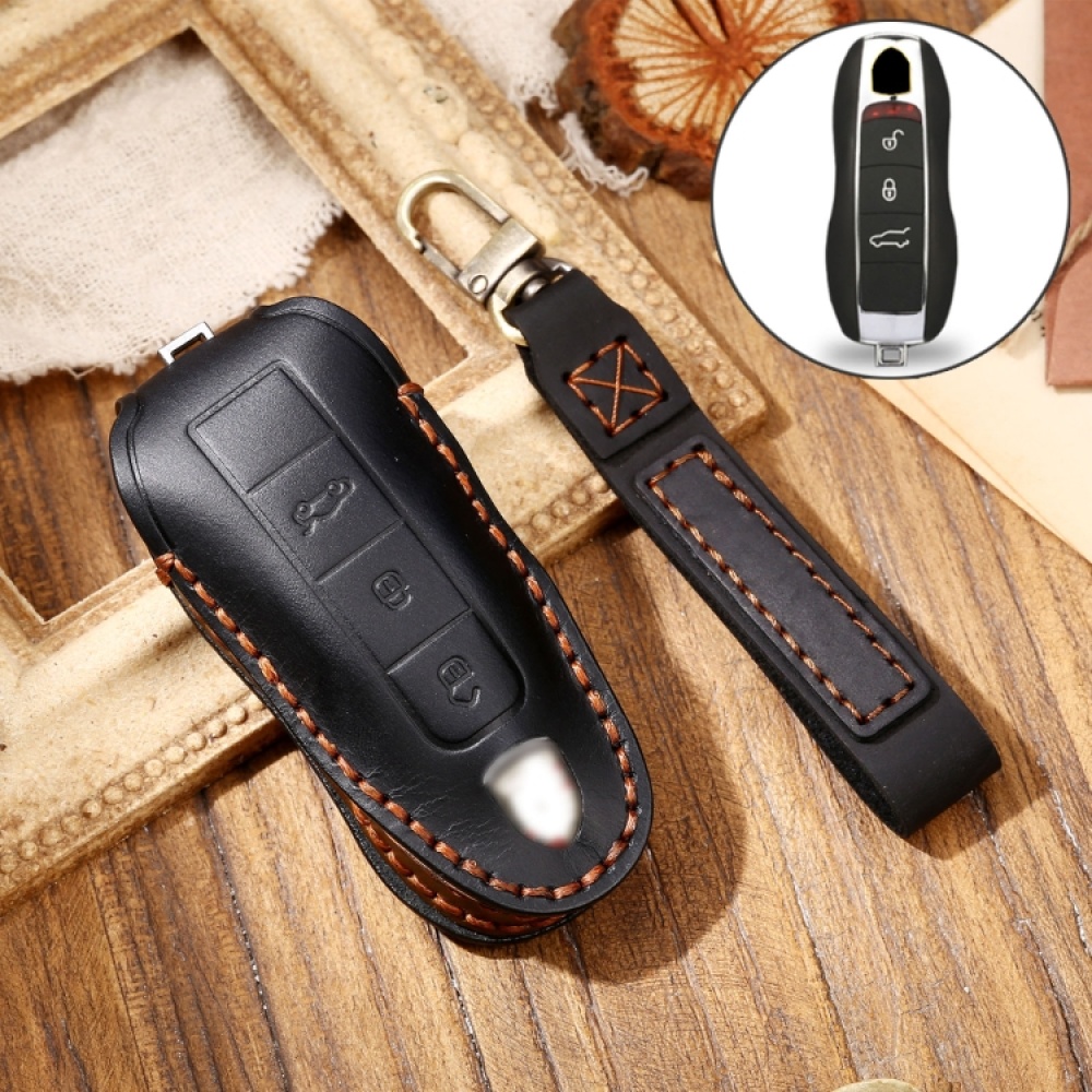 Hallmo Car Cowhide Leather Key Protective Cover Key Case for Porsche Macan 718 2021 A Style(Black)