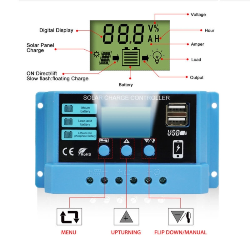 30A Solar Charge Controller 12V / 24V Lithium Lead-Acid Battery Charge Discharge PV Controller - Image 2