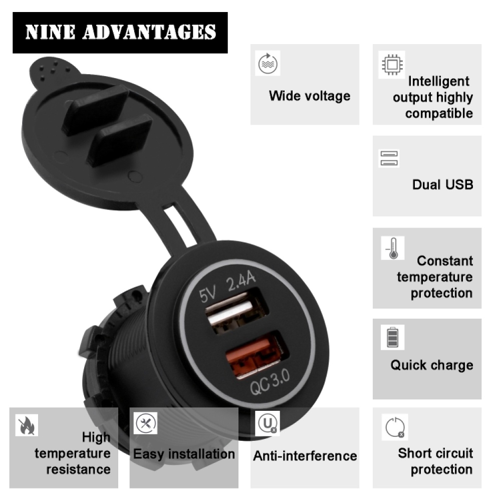 Universal Car QC3.0 Dual Port USB Charger Power Outlet Adapter 5V 2.4A IP66 with 60cm Cable(Blue Light) - Image 3