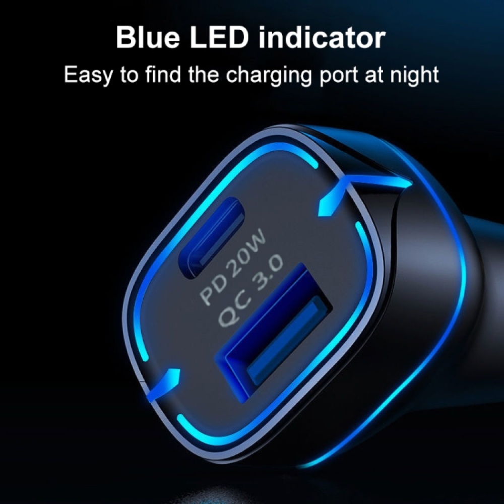 QC USB + USB-C / Type-C Dual Ports Fast Charging Car Charger with Luminous Aperture(Black) - Image 3