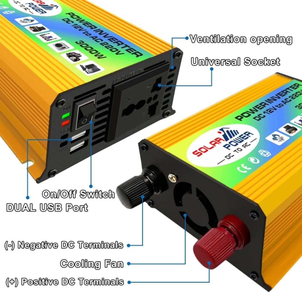 Tang I Generation 12V to 220V 3000W Intelligent Car Power Inverter with Dual USB(Yellow) - Image 2