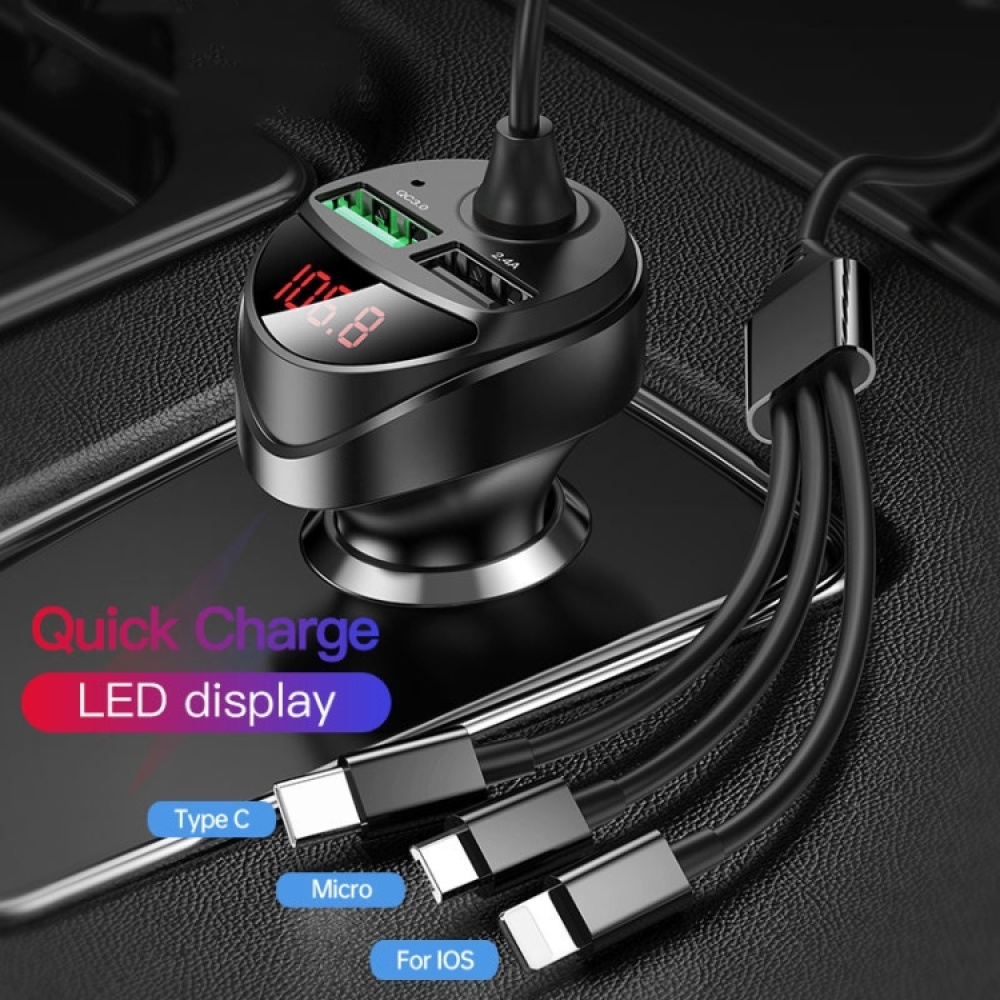 C68 LED Digital Display QC3.0 Fast Car Charger 3 in 1 with Spring Cable(Black) - Image 2