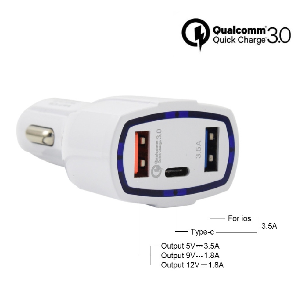 308 3 in 1 Cigarette Lighter Conversion Plug Multi-function USB Car Fast Charger(White) - Image 2