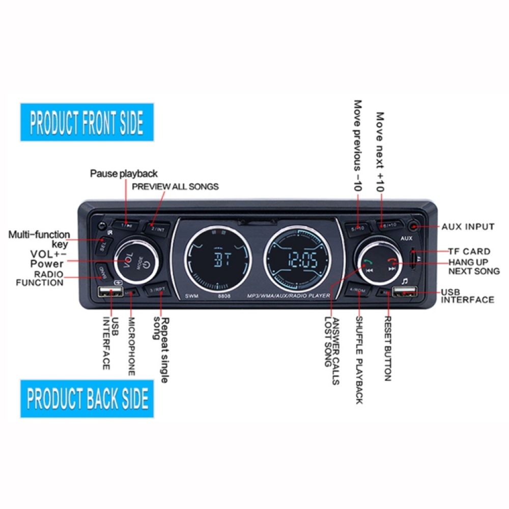 8808 Car Stereo Radio MP3 Audio Player Support Bluetooth Hand-free Calling / TF Card / U disk / AUX - Image 3