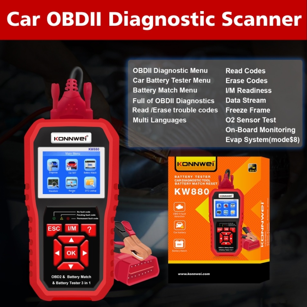 KONNWEI KW880 3 in 1 Car OBD2 Fault Diagnosis + Battery Tester + Battery Match Reset - Image 2