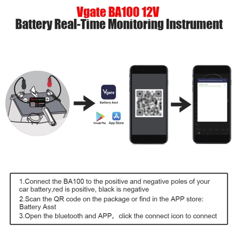 Vgate BA100 Car 12V Bluetooth 4.0 Battery Assistant Analyzer Tester - Image 2