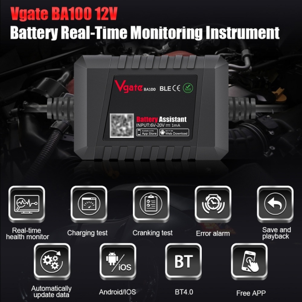 Vgate BA100 Car 12V Bluetooth 4.0 Battery Assistant Analyzer Tester - Image 3