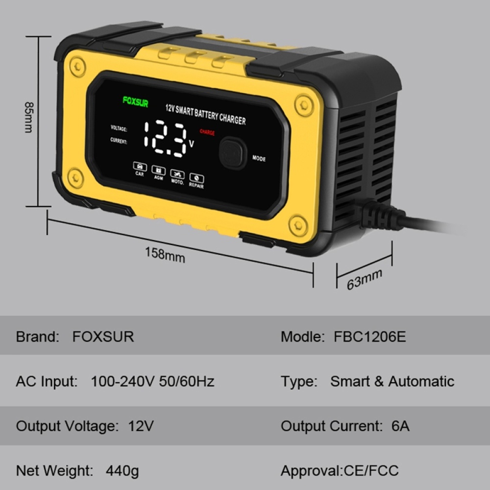 FOXSUR FBC1206E 6A 12V Car / Motorcycle Smart Battery Charger(EU Plug) - Image 3