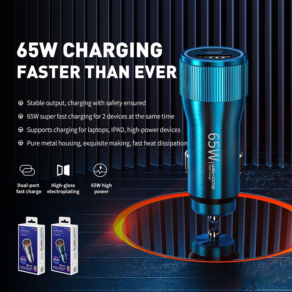 WK WP-C31 Flash Series 65W USB + USB-C / Type-C Interface Fast Charging Car Charger(Silver) - Image 3