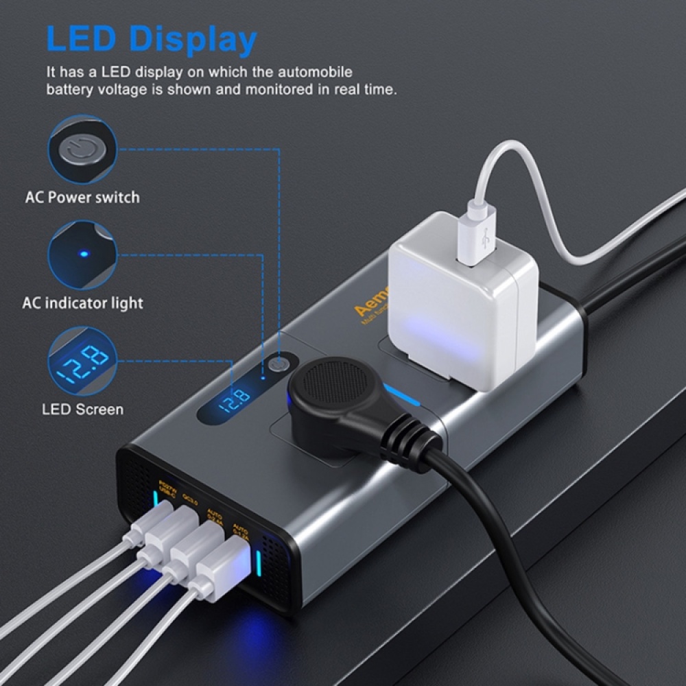 Aemeku Car 200W Inverter USB Power Converter Socket, US Plug - Image 3