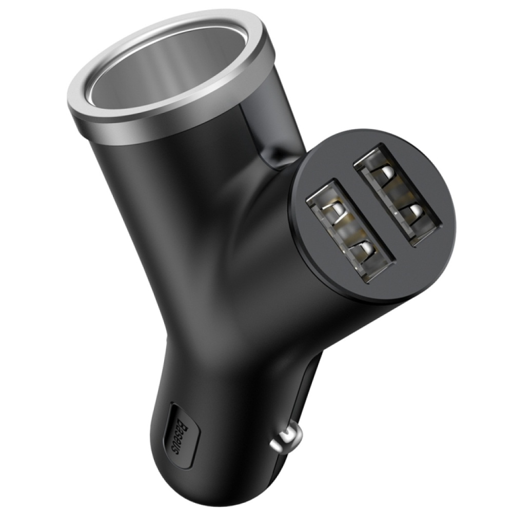 Baseus Y Type Dual USB + Cigarette Lighter Extended Car Charger(Black) - Image 2