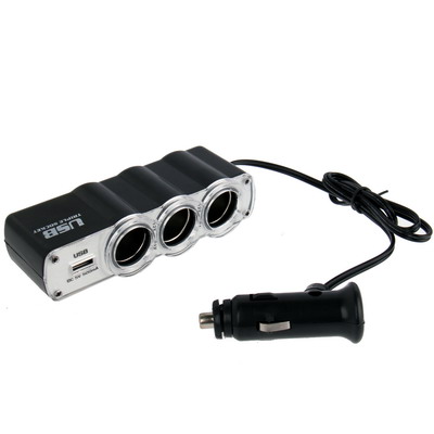 WF-0120 12V / 24V 3 Way Triple Sockets USB Car Cigarette Lighter Socket Splitter Charger(Black) - Image 2