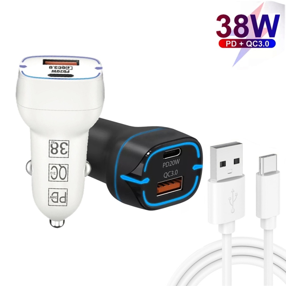 38W PD20W + QC3.0 USB Car Charger with USB to Type-C Data Cable, Length: 1m(Black) - Image 2