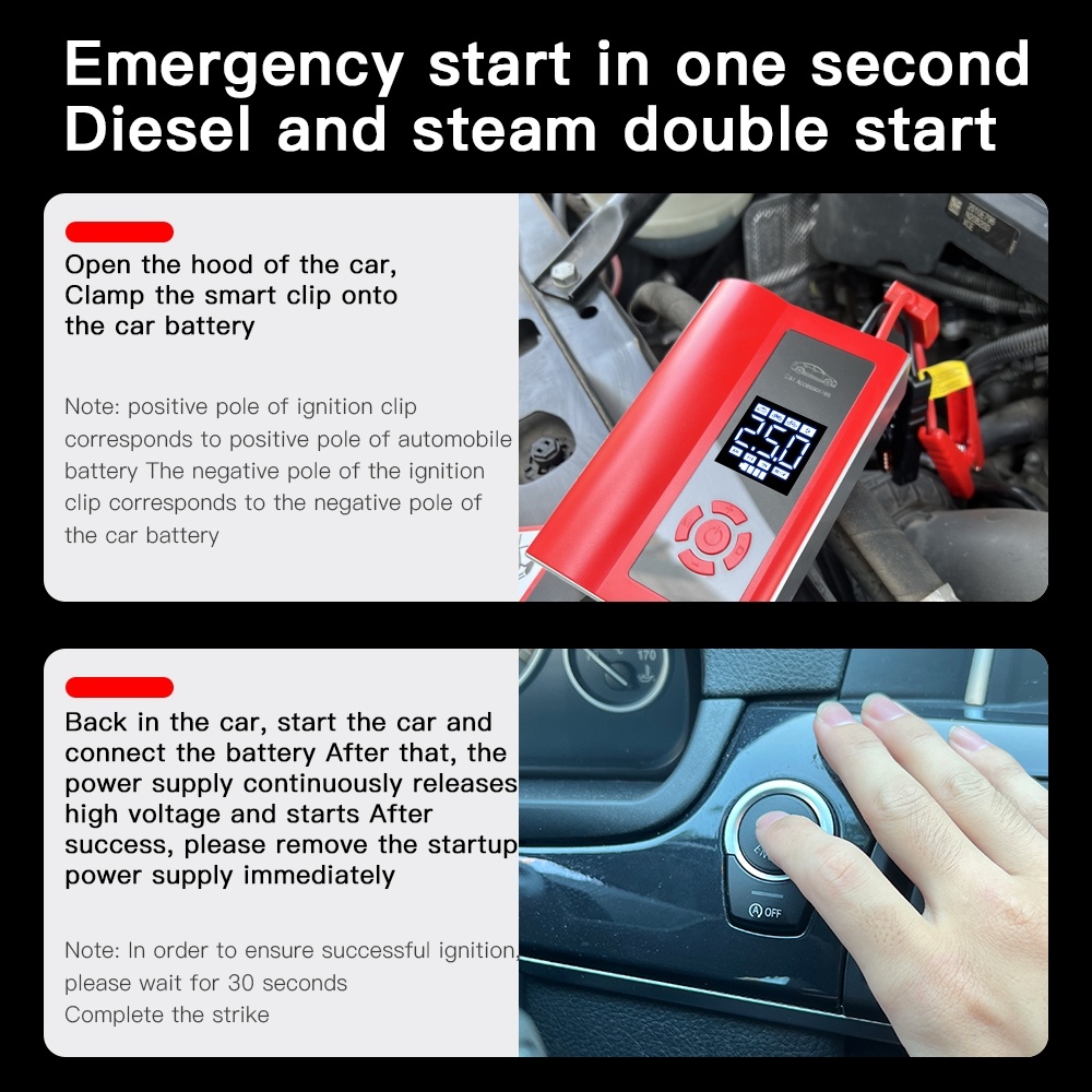 Ai8 Portable Multifunctional LCD Screen Emergency Power Supply 12V Car Start Air Pump(Red) - Image 3