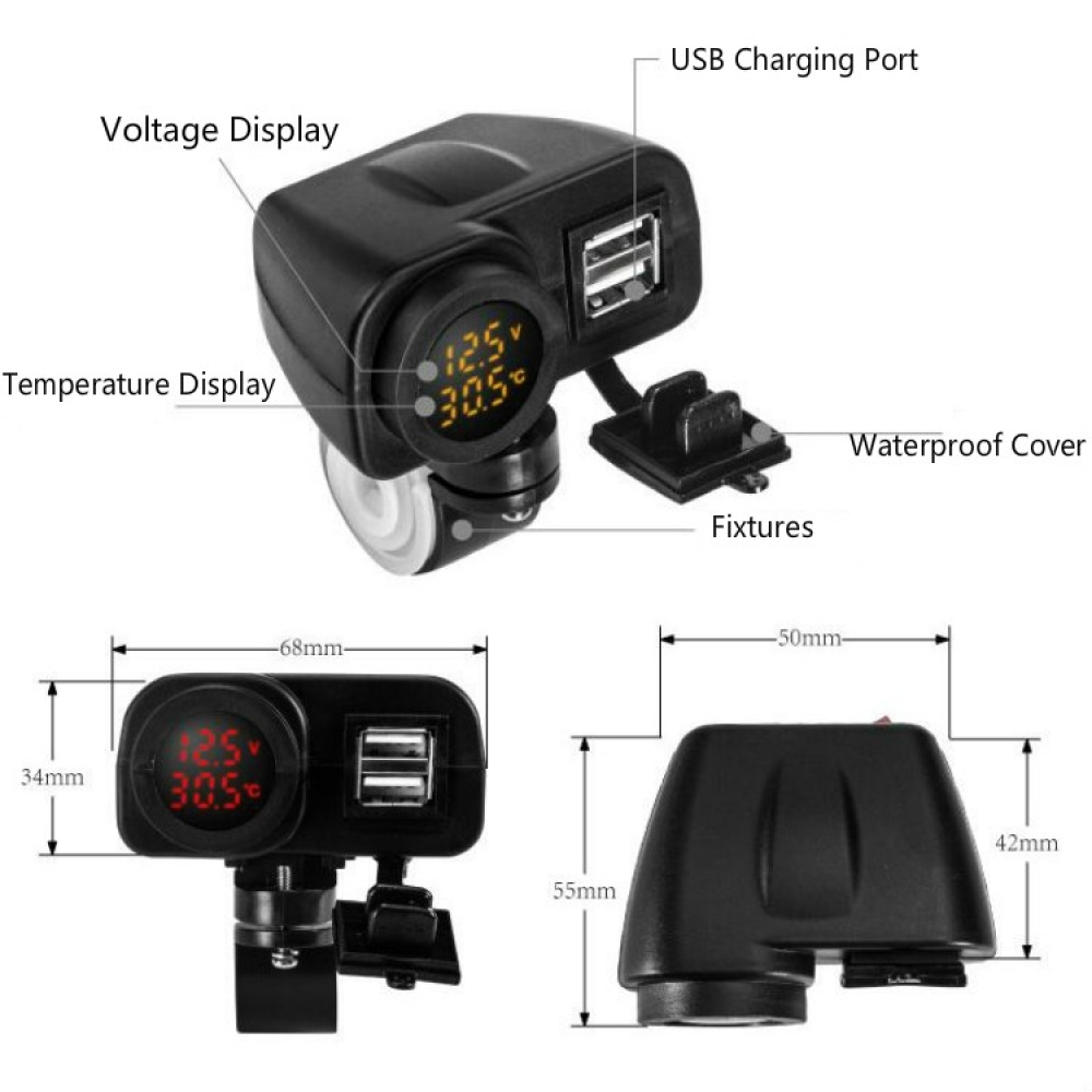 Motorcycle Car Mobile Phone Charger Waterproof Temperature Digital Display Charger with Switch(Yellow Light) - Image 3