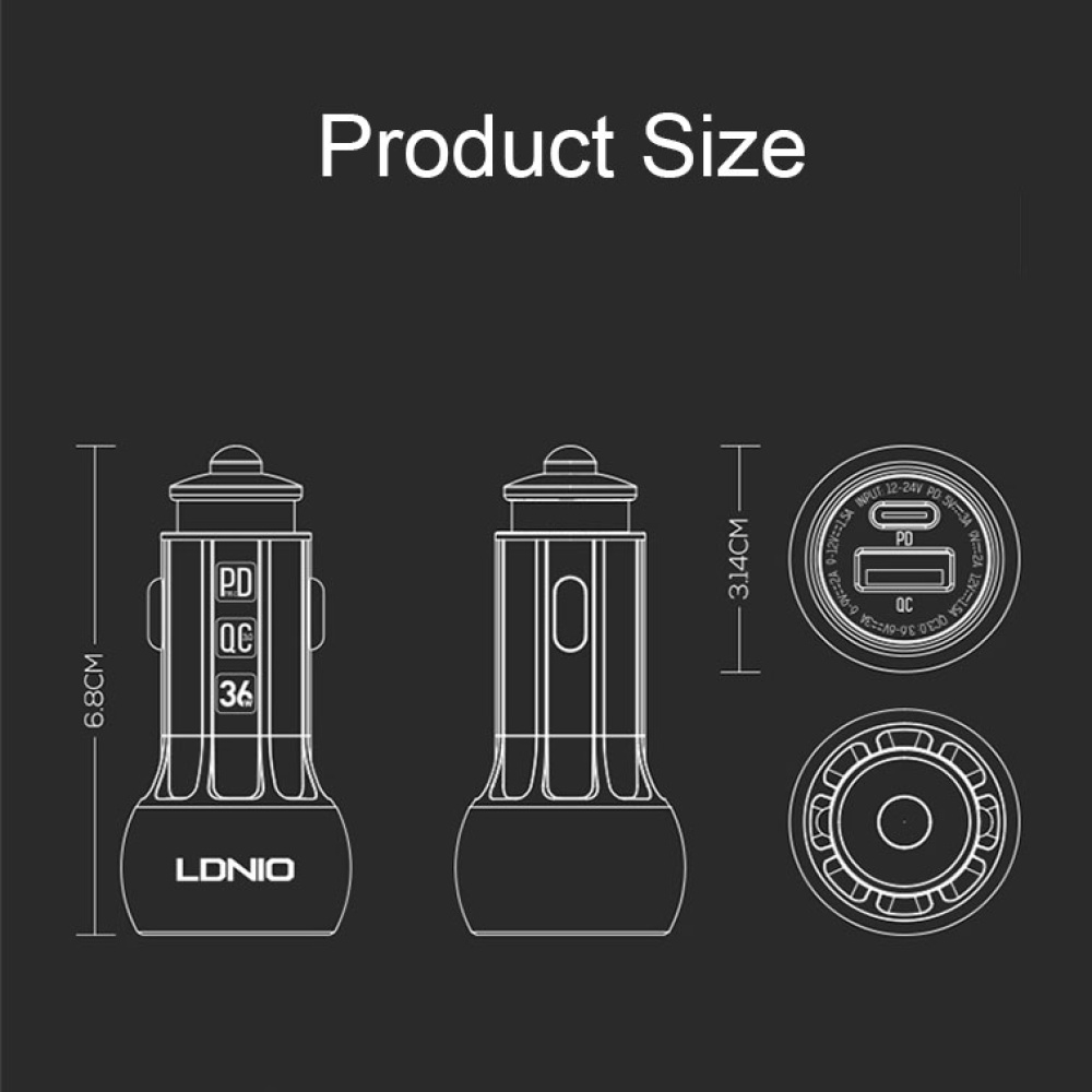 LDNIO C1 36W PD + QC 3.0 Car Fast Charger High Power Smart USB Car Charger with 8 Pin Cable - Image 2