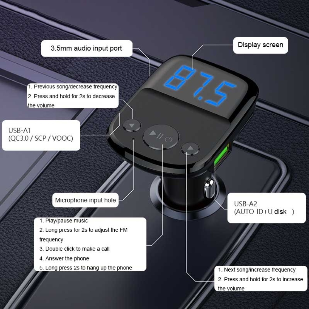 LDNIO C706Q QC3.0+AUTO-ID Car Bluetooth FM Music Digital Display Car Charger with Micro USB Cable - Image 3