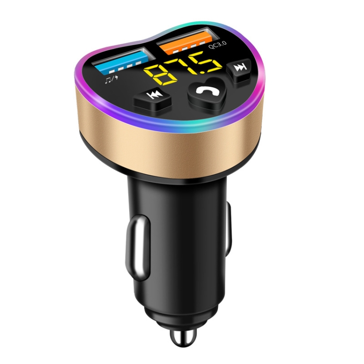 Car MP3 Bluetooth Player FM Transmitter Multifunctional Car Charger, Model: QC3.0 Golden