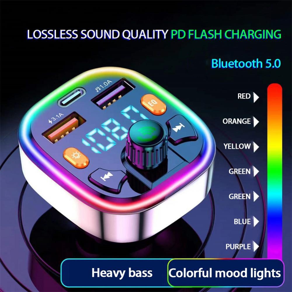 Q5 3.1A USB+PD Bluetooth Car Charger Car FM Transmitter Colorful Lighting - Image 2