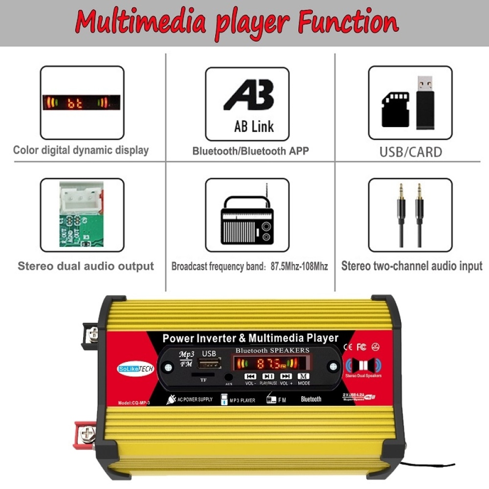 SOLIKE TECH 300W Modified Sine Wave Inverter with Bluetooth MP3/FM Multimedia Player 12V to 220V - Image 3