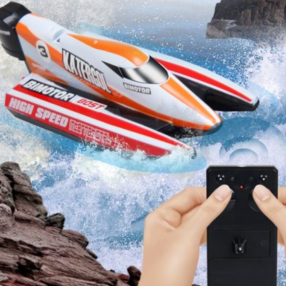 3313M 4-Channel 2.4GHz Rechargeable Mini F1 Racing Boat RC Speedboat Kids Toy with Remote Controller(Orange)