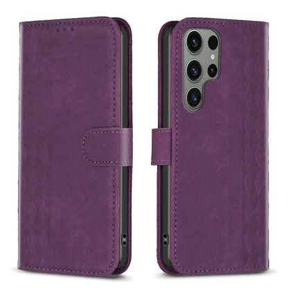 For Samsung Galaxy S23 Ultra 5G Plaid Embossed Leather Phone Case(Purple)