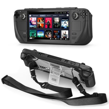 For Steam Deck Shockproof Game Console Case with Holder & Shoulder Strap(Black+Transparent)