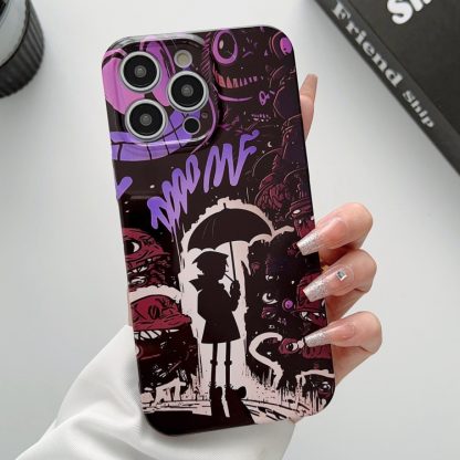 For iPhone 14 Pro Painted Pattern Precise Hole PC Phone Case(Black Purple Umbrella Boy)