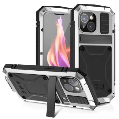 For iPhone 15 R-JUST Shockproof Life Waterproof Dust-proof Metal + Silicone Phone Case with Holder(Silver)