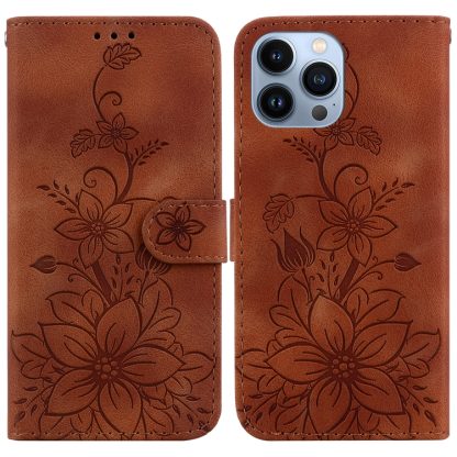 For iPhone 14 Pro Lily Embossed Leather Phone Case(Brown)