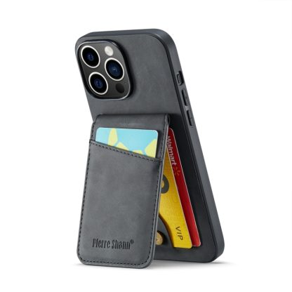 For iPhone 15 Pro Fierre Shann Crazy Horse Card Holder Back Cover PU Phone Case(Black) - Image 2