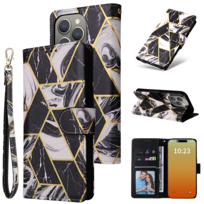 For iPhone 15 Pro Marble Bronzing Stitching Leather Phone Case(Black)