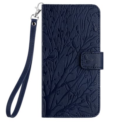 For iPhone 12 Pro Tree Birds Embossed Pattern Leather Phone Case(Blue) - Image 2