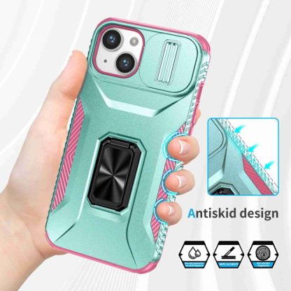 For iPhone 13 Sliding Camshield Holder Phone Case(Grey Green + Pink) - Image 2