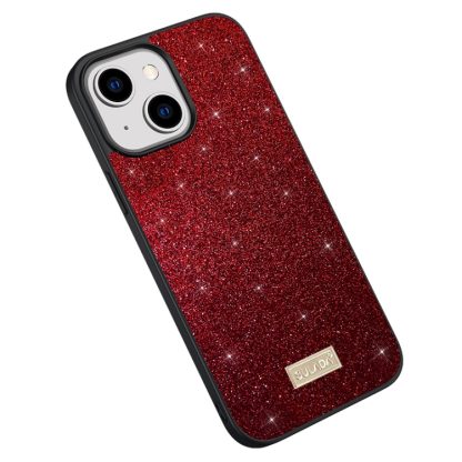 For iPhone 15 SULADA Glittery PC + TPU + Handmade Leather Phone Case(Red)