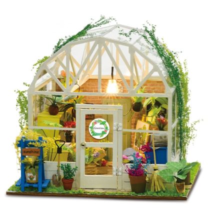 MoFun Wooden Mini Transparent Romantic Flower House Children DIY Assembled Toy with Warm Color LED Lights