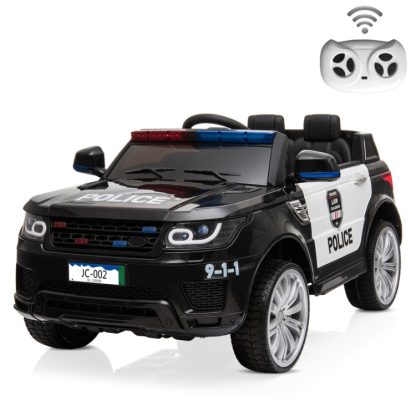 [US Warehouse] 12V 2.4GHz Kids Children LED Lights Remote Control Ride On Car Electric Police Car with Mic (Black)