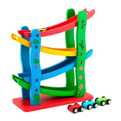 Children Wooden Sliding Car Game Motor Racing Track Toy Ramp Racers with 4 Cars - Image 2